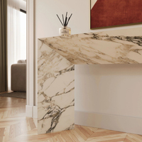 Table console en marbre KUMUSI Camilla Rosso Levanto/Beige Travertine/Arabescato Blanc - Hôtel Villa, taille personnalisable, facile à nettoyer