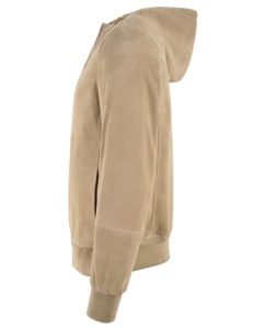 Custom 100% Genuine Beige Goat <b>Suede</b> Leather <b>Men</b>’s Hooded <b>Jacket</b> Hooded Style YKK Zipper Private Label OEM/ODM Winter Casual - Product Image 3