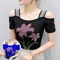 Camiseta de Fiesta para Mujer con Hombros Descubiertos, Pedrería de Rosas, Lentejuelas Brillantes, Ajuste Delgado, Manga Corta, Ideal para Discoteca
