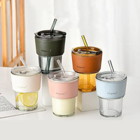Tasse à café en verre borosilicate personnalisée avec paille et couvercle en verre, housse en cuir personnalisée avec logo, gobelet transparent vierge de 400 ml