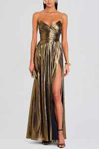 Robe de soirée formelle pour femme de style européen, avec décolleté plongeant, design plissé et fente, sans manches. - Product Image 6