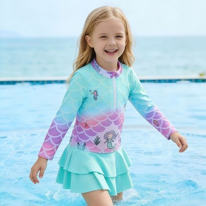 Ensemble de protection solaire sirène écologique et respirant pour filles, haut de bain à manches longues color block, jupe et short, ensemble deux pièces mignon - Product Image 1