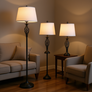 Traditional Metal <b>Lamp</b> Set With Fabric Shade White Floor And Table <b>Lamps</b> For Living <b>Room</b> Bedroom - Product Image 2