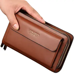 Mens Clutch Bag Double Zipper Long Wallet sacoche homme Business Handbag Checkbook Card Holder Purse for Men Leather Wallet