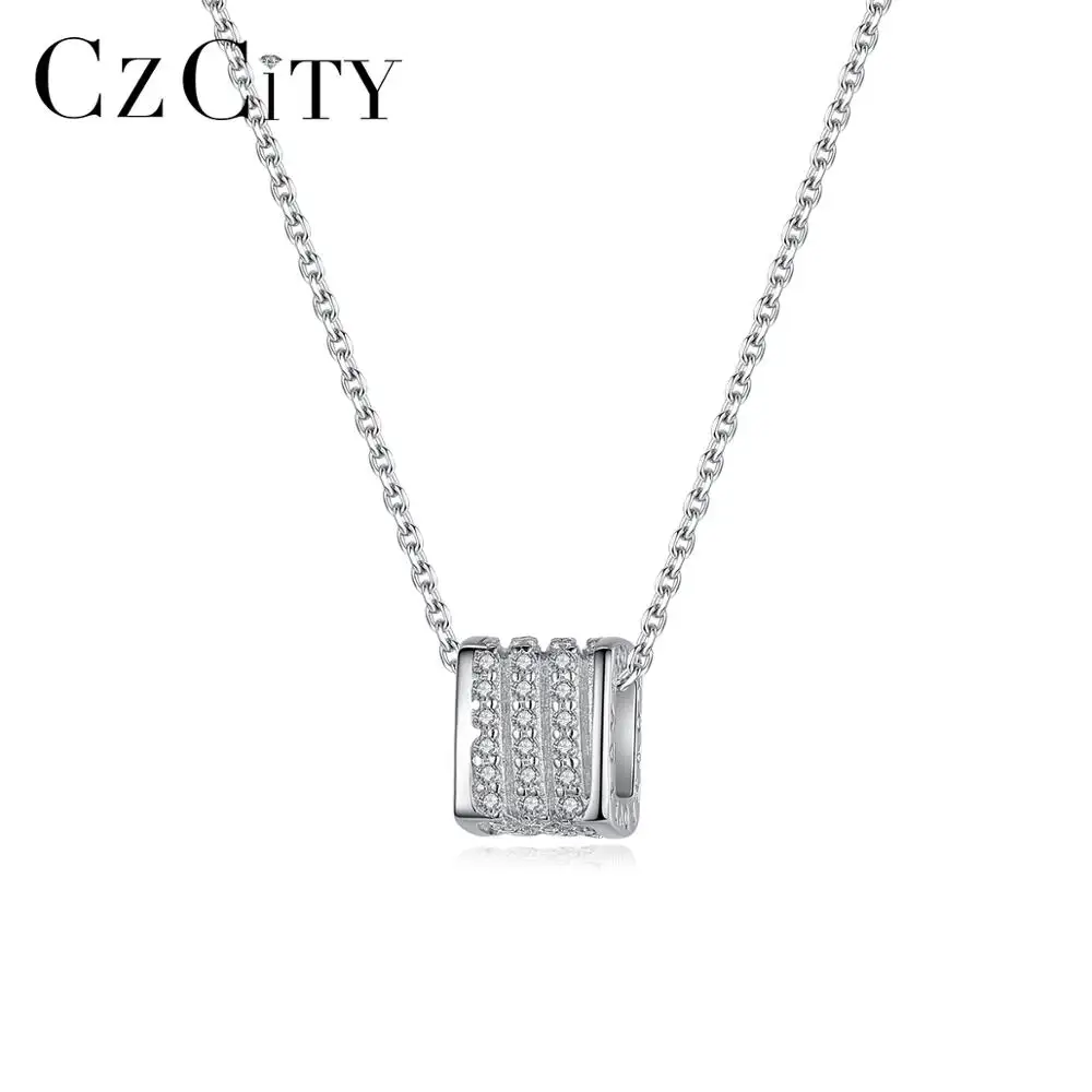 CZCITY Christmas Real 925 Sterling Silver Necklace Necklace Lucky Square Beads Tiny CZ Pendant