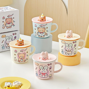 Taza de Cerámica de Dibujos Animados de 300 ml, Linda Taza de Agua para Desayuno, para Mujer, para el Hogar, la Oficina, Parejas, Regalo para Fiestas, con Tapa - Product Image 1