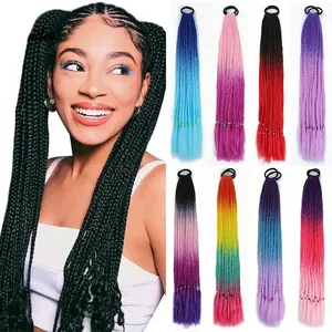 Extensiones de cabello trenzado de ganchillo sintético, banda de goma, cola de caballo de dos colores, cola superior con banda elástica de goma, Anillo para el cabello