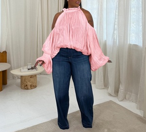 Elegante, sexy Plus-Size Damenblusen, schulterfrei, mit Rüschen, Neckholder, Ballonärmeln, schimmernd, strukturiert, Oversize, für Party und Club. - Product Image 3