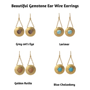 ต่างหูพลอยอัญมณีสีทองธรรมชาติทำด้วยมือชุดคอลเลตชุบทองแบบกลมเครื่องประดับหรูหราสไตล์ตะขอห้อย - Product Image 2