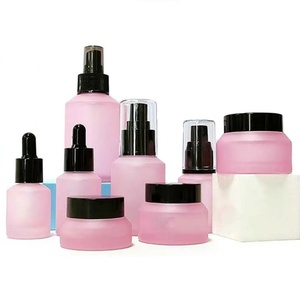 Cosmetic Packaging 15ml 30ml Matte Pink Slant Shoulder Glass Lotion Bottle Gold <b>Pump</b> Dropper Cream Jar Sets Plastic Custom Logo - Product Image 2