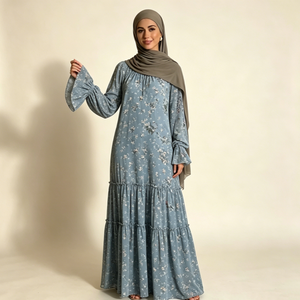 Robes Maxi Abaya Décontractées et Modestes pour Filles, Bleu Poussière, Imprimé Floral, Col Froncé, Manches Longues à Volants, Superposées, Vente <span class=keywords><strong>en</strong></span> Gros - Product Image 4