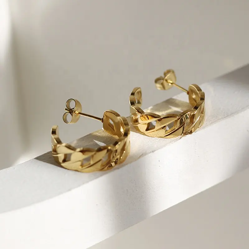 MICCI Waterproof Hypoallergenic Stainless Steel Women Minimalist Jewelry 18K Gold Plated Hollow C Cuban Chain Hoop Stud Earrings