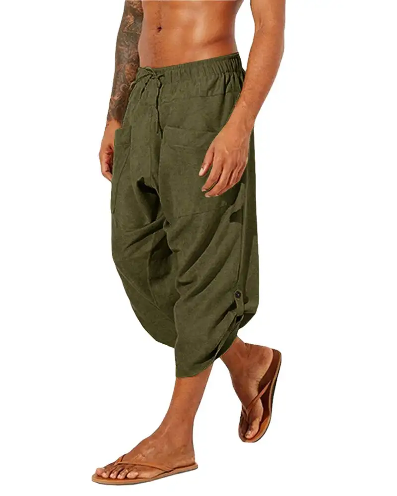 Mens Linen Harem Pants Casual Beach Yoga 3/4 Capri Shorts Elastic Waist Drawstring Baggy Trousers with Pockets