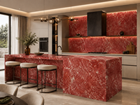Dalles de marbre rouge poli Rossa Laguna pour îlots de cuisine, dessus de table à manger, tables consoles, buffets et comptoirs de salle de bain