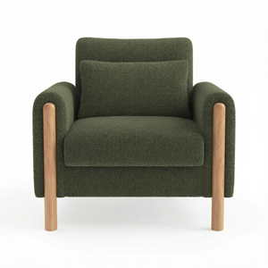 Fauteuil moderne en bouclette verte, siège individuel, dossier rembourré, pieds en bois, style scandinave, chaise de salon - Product Image 1