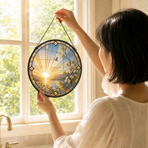 Panel de Vidrio Artístico con Diseño Floral Blanco, Atrapasueños de Vidrio para Ventana, Adorno Colgante para el <span class=keywords><strong>Hogar</strong></span> - Product Image 4