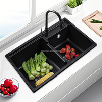 Évier de cuisine moderne en quartz noir mat de 30 pouces, double bac, à deux trous, pour montage en surface, OEM ODM