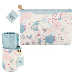 Ensemble de 2 trousses à maquillage en cuir PU bleu floral de luxe, étiquette privée, design original pour femmes - Product Image 1