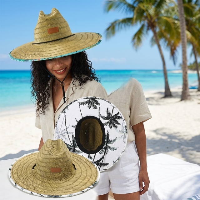 Summer Lifeguard Sun-Proof Big Wide Brim Straw Beach Hats for Men,Custom Logo Patch Printing America Sombrero Surf Beach Hat