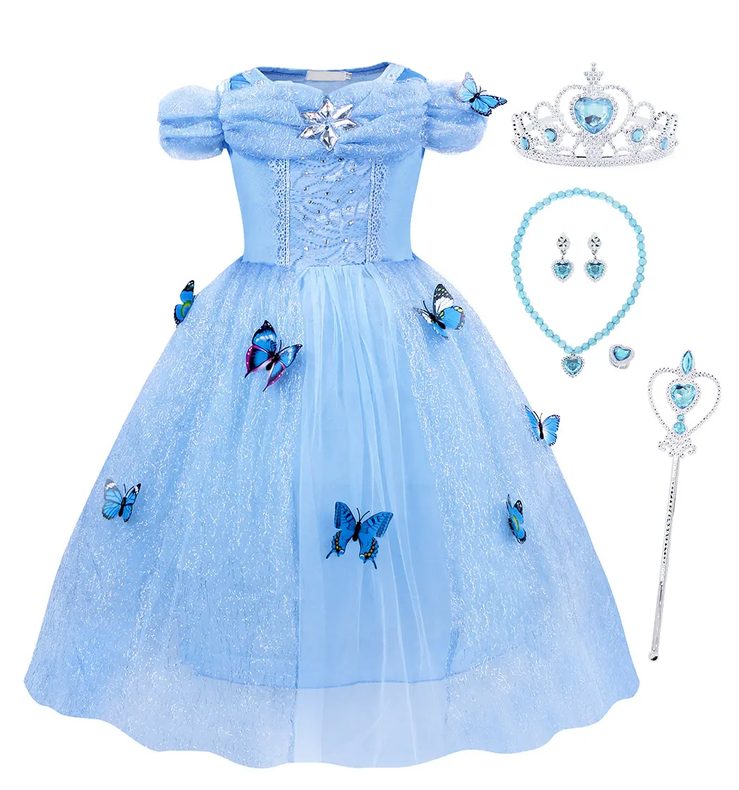 새로운 디자인 댄스 파티 소녀 드레스 공주 웨딩 드레스 블루 컬러 생일 정장 나비 장식