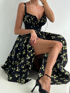 Maxi abito 2025 in puro cotone con spacco personalizzato prendisole regolabile all'americana abbigliamento da Resort floreale per abiti <span class=keywords><strong>Vintage</strong></span> stampati <span class=keywords><strong>Boutique</strong></span> - Product Image 6