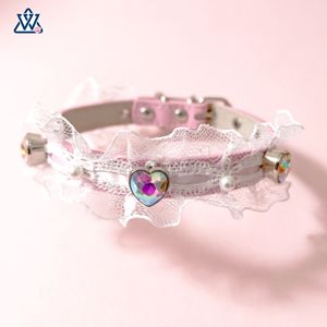 Wangwuwu Lace Pet Collar With Heart Rhinestone For Small <b>Dogs</b> And Cats Elegant Jeweled Neck Collar White Color - Product Image 2