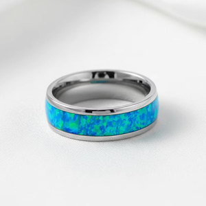 Anillo de Carburo de Tungsteno Plateado de 8mm con Incrustaciones de Ópalo de Fuego Azul Natural, Moderno, <span class=keywords><strong>para</strong></span> Parejas, Regalo de <span class=keywords><strong>Boda</strong></span>, Compromiso o Fiesta - Product Image 3
