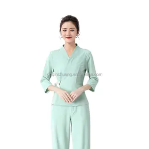 통합 여성 살롱 접수 미용 기술자 바지 V 넥 여성용 수압 마사지 유니폼