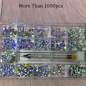 Aurora Blue-caja de diamantes de imitación para Nail Art, Cristal Ab, colores del arcoíris, forma mixta, decoración de diamantes de imitación