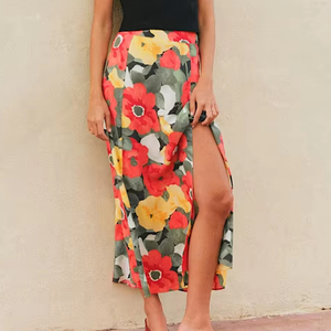 Women's Vibrant Red Yellow Poppy Floral Print High Waist Split <b>Thigh</b> A-Line Midi Skirt - Product Image 2
