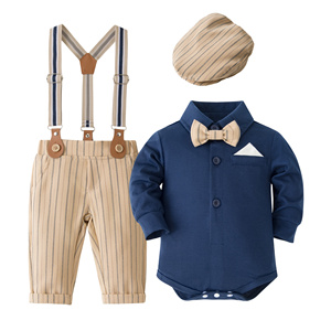 Catpapa Vente en gros Ensemble pour tout-petit garçon : Barboteuse unie, <span class=keywords><strong>Pantalon</strong></span> à bretelles rayé kaki, Nœud papillon et Chapeau - Product Image 1
