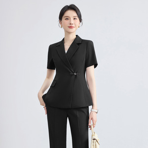 Women's Short Sleeve Suit Set Formal Wear Professional Office Workwear Anti-Wrinkle Polyester Blend Gray Navy - Product Image 2
