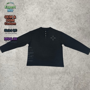 Maglietta Henley a Maniche Lunghe in Tessuto Waffle Oversize Personalizzata, Stile <span class=keywords><strong>Vintage</strong></span> Gotico con Patchwork in Rilievo, <span class=keywords><strong>T</strong></span>-<span class=keywords><strong>Shirt</strong></span> Streetwear da Uomo - Product Image 1