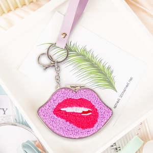 Lip Shaped Plush Embroidered Compact Mirror Keychain PU Leather Strap Folding Double Sided <b>Pocket</b> Makeup Mirror Wholesale Custom - Product Image 2