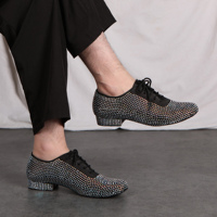 LUOQIAO L605 Chaussures de danse Jazz et Latine pour hommes, bronze satiné, strass étincelants, bout fermé, semelle plate, à lacets, performance, talon bas de 1 cm