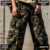 Pantalon cargo ample surdimensionné pour homme, camouflage woodland, personnalisé OEM, avec plusieurs poches, taille élastique avec cordon de serrage, style streetwear utilitaire