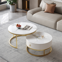 Ensemble de tables basses modernes avec plateau en marbre et structure en métal doré, avec tiroir de rangement et design emboîtable, meubles de salon ronds