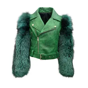 2022 Ladies Real Green Leather Coat Winter Outwear Fox Fur Sleeves Crocodile Texture Leather Fashion Jacket