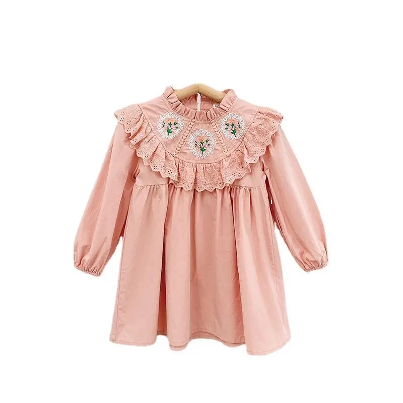 Vestido infantil bordado vintage para meninas, vestido de algodão de manga comprida com babado coreano, novidade para primavera outono 2024