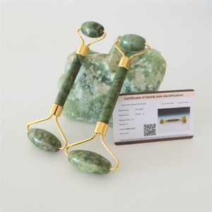Xiuyan Natural Custom logo Nephrite Facial Green Limestone Ridged Jade Roller and Gua Sha <strong>Massager</strong> Set - Product Image 5