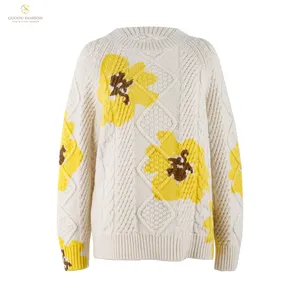 Oem Merino Wool Sweater Cable Towel Embroidery Design Floral Pattern Women'S Wool Pullover