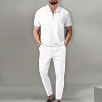 I-0497 Ensemble d'été décontracté deux pièces pour homme, style streetwear, couleur unie, col montant, manches courtes, pantalon zippé