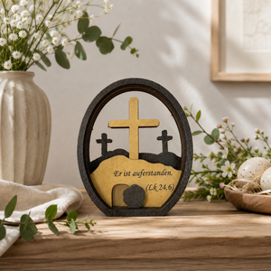 Croce di Pasqua in Legno Pafu, Decorazione da Tavolo Cristiana, Scena della Tomba di Gesù, Decorazione Pasquale Disponibile - Product Image 1