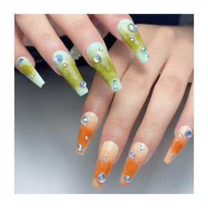 Faux ongles longs en forme de cercueil, printemps frais, couleur verte, motifs variés, longue durée, réutilisables, à presser - Product Image 2