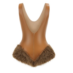 Custom Faux <b>Leather</b> Faux Fur Trim <b>Bodysuit</b> MOQ 50 Halter Neck Sleeveless Sexy Skinny Night Party Clubwear Soft Fur Hem OEM ODM - Product Image 4