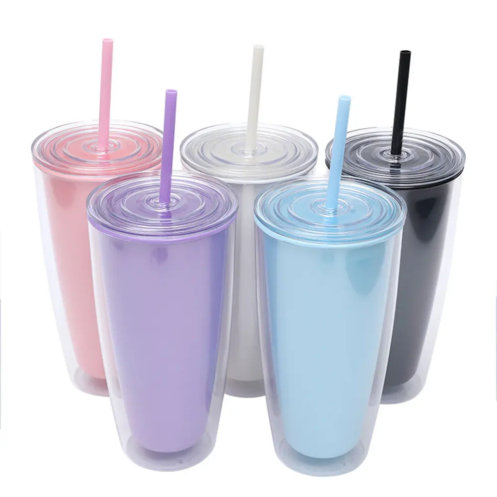 720ML Double Wall Plastic Acrylic Tumbler with Lid and Straw Personalized Wide Mouth Coffee Tumbler for Easy Washing