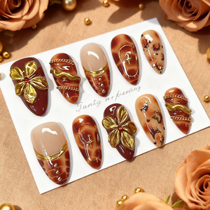 30 <span class=keywords><strong>Uñas</strong></span> Postizas <span class=keywords><strong>de</strong></span> Lujo con Diseño <span class=keywords><strong>de</strong></span> Almendra 3D, Flores Doradas, Otoño, Relieve Floral, Leopardo, Hechas a Mano, Reutilizables, Venta al Por Mayor - Product Image 1