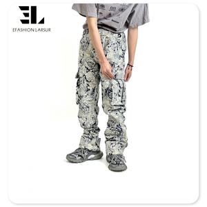 LARSUR Logo personnalisé OEM ODM Jeans empilés pour hommes Jeans jacquard à bords bruts Jeans évasés Pantalons en <span class=keywords><strong>tapisserie</strong></span> délavée pour hommes - Product Image 2