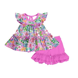 Fashionable pre-order pretty baby girl flower clothes hot pink ruffle shorts sets little girls boutique clothing