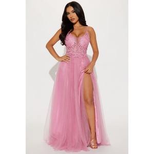 Robe longue de soirée élégante et sexy pour femme, style personnalisé d'usine OEM, avec bonnets de soutien-gorge ornés et fines bretelles à fente haute - Product Image 2